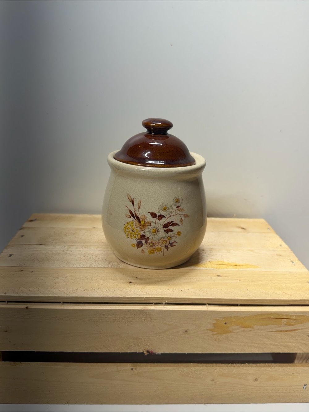 Vintage Floral Stoneware Lidded Canister Trinket Jar
